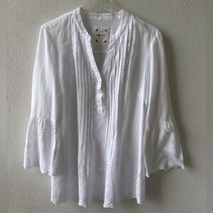 Style & Co White Cotton Eyelet Pleated Top Size L Embroidered Bell Sleeve Button